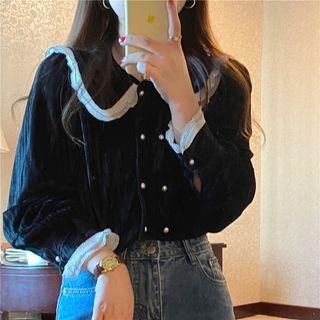 Long-sleeve Collared Velvet Blouse Black - One Size