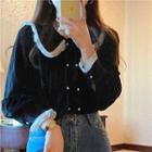 Long-sleeve Collared Velvet Blouse Black - One Size
