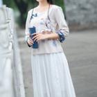 3/4-sleeve Flower Print Top / Asymmetric Midi Skirt