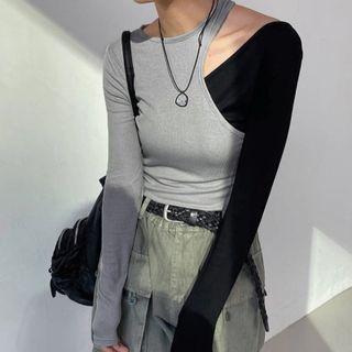 Long Sleeve Color-block Cold Shoulder Crop Top