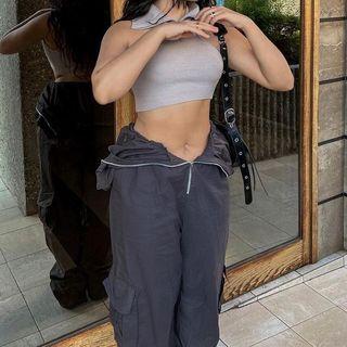 Collar Crop Tank Top / Loose Fit Pants