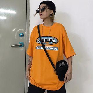 Short-sleeve Lettering T-shirt Tangerine - One Size