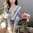 Short-sleeve V-neck Print Lace Top Almond & Blue - One Size