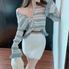 Striped Bell-sleeve Cardigan / Furry Skirt