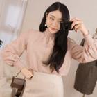 High-neck Bishop-sleeve Furry Top