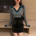 Long-sleeve Color Block Plaid Knit Top Sweater - One Size