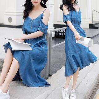 Cold Shoulder A-line Denim Dress