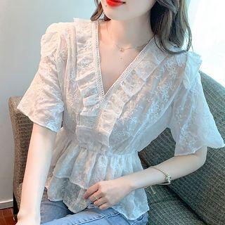 Elbow-sleeve V-neck Ruffled Lace Blouse