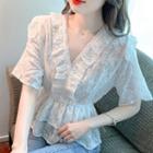 Elbow-sleeve V-neck Ruffled Lace Blouse