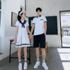 Couple Matching Sailor Collar Mini A-line Dress / Polo Shirt / Shorts / Set