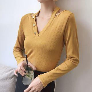 V-neck Cut Out Long-sleeve T-shirt