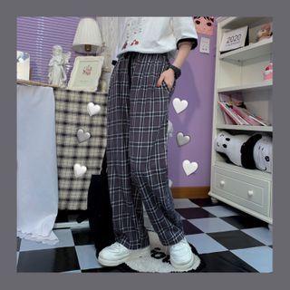 Plaid Wide-leg Pants Dark Gray - One Size