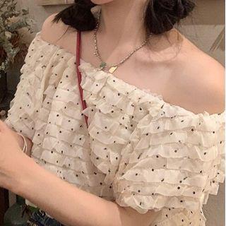 Short-sleeve Off-shoulder Dotted Chiffon Top