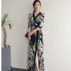 3/4-sleeve Patterned Maxi Knit Wrap Dress