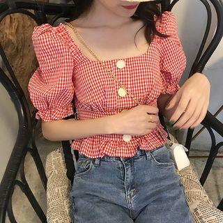 Short-sleeve Frill Trim Checker Top