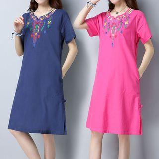 Embroidered Short Sleeve Linen Blend Dress
