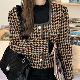Buttoned Houndstooth Jacket Houndstooth - Black & Beige - One Size