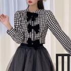 Long-sleeve Checked Bow Cropped Blouse Gingham - Black & White - One Size