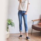 Contrast-hem Washed Slim-fit Jeans