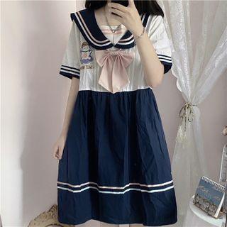 Short-sleeve Sailor Collar Dog Embroidered A-line Dress Navy Blue & Pink & White - One Size