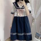 Short-sleeve Sailor Collar Dog Embroidered A-line Dress Navy Blue & Pink & White - One Size