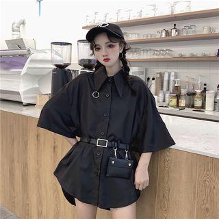 Plain Elbow-sleeve Shirt Black - One Size