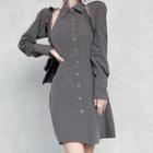 Set: Long-sleeve Crop Top + Sleeveless Collared Mini A-line Dress