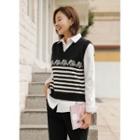 Flower-pattern Stripe Sweater Vest Black - One Size