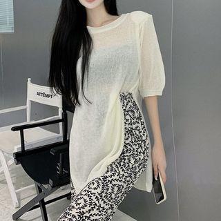 Short-sleeve Knit Top / Print Wide Leg Pants