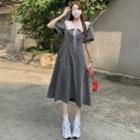 Short-sleeve Collared A-line Dress Gray - One Size