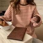 Round-neck Striped Slit Long-sleeve Sweatshirt Pink - One Size