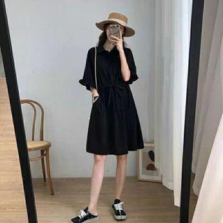 Plain Ruffle Lace-up Elbow-sleeve Shirtdress