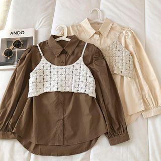 Set:long-sleeve Plain Shirt + Sleeveless Knit Top