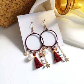 Faux Pearl Tassel Dangle Earring 1 Pair - Cutout Hook Earring - Red - One Size