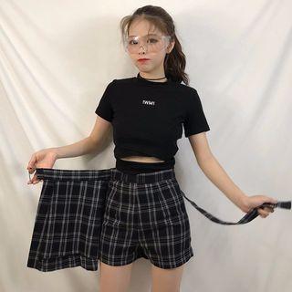 Lettering Short-sleeve Slim-fit Top / Plaid Skort