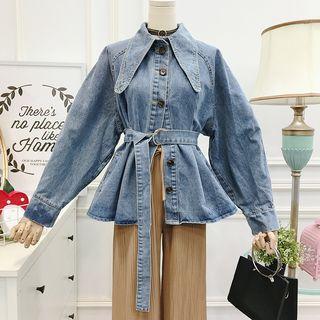 Pointy-collar Denim Shirt With Belt