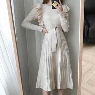Ruffled Long Sleeve Pleated Dress