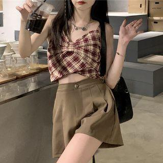 Plaid Bow Camisole Top / Pleated Wide Leg Shorts