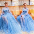 Long-sleeve Sequined Mesh Trained A-line Evening Gown