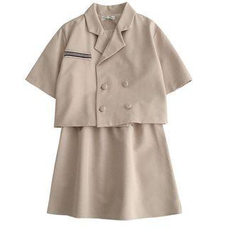 Short-sleeve Striped Blazer / Color Block Tie Accent Blouse / High-waist Plain Skirt