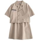 Short-sleeve Striped Blazer / Color Block Tie Accent Blouse / High-waist Plain Skirt