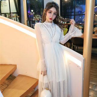 Set: Bell-sleeve Midi Mesh A-line Dress + Spaghetti Strap Mini Dress