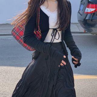 Tie-front Knit Cardigan / Shirred Midi A-line Skirt