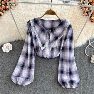 Lace Trim Collared Gingham Blouse