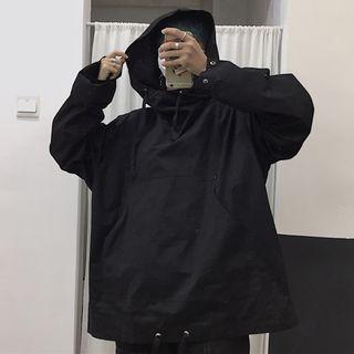 Long-sleeve Hooded Loose-fit Top Black - One Size
