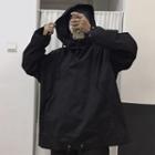 Long-sleeve Hooded Loose-fit Top Black - One Size