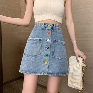 Button-up Denim Mini A-line Skirt