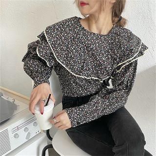 Long-sleeve Floral Print Ruffle Trim Top
