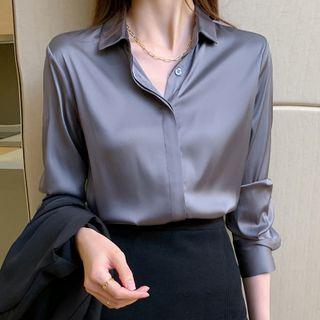Long-sleeve Plain Loose Fit Satin Shirt
