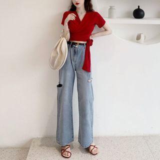 Short-sleeve Tie-front T-shirt / Washed Ripped Wide Leg Jeans / Set
